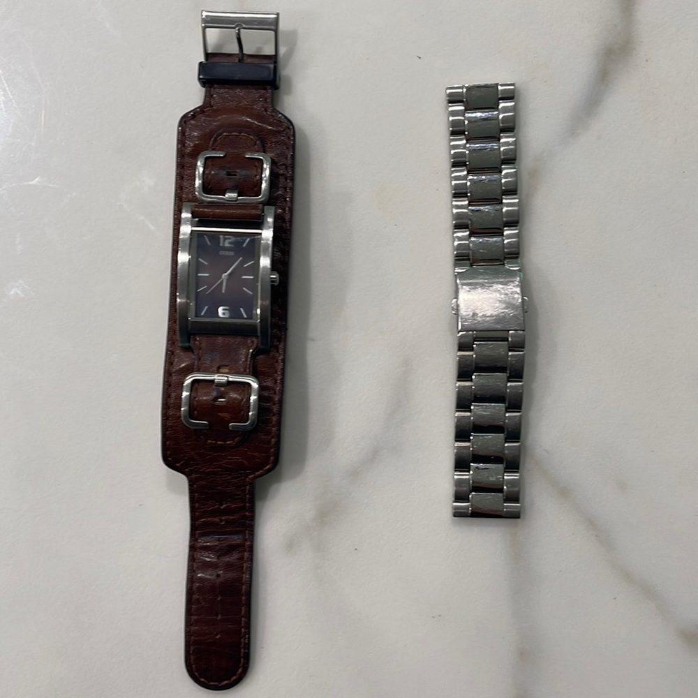 Guess Watch, Brown Face, Brown Leather cuff and interchangeable metal band.